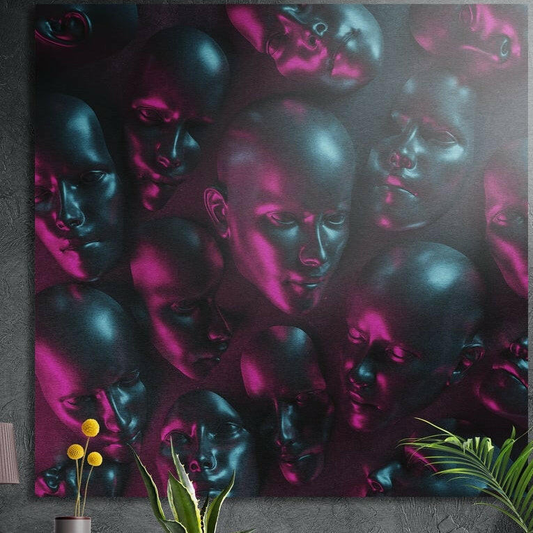 Rows of smooth dark mannequin heads lit in magenta and teal, brushed aluminum wall art behind plants