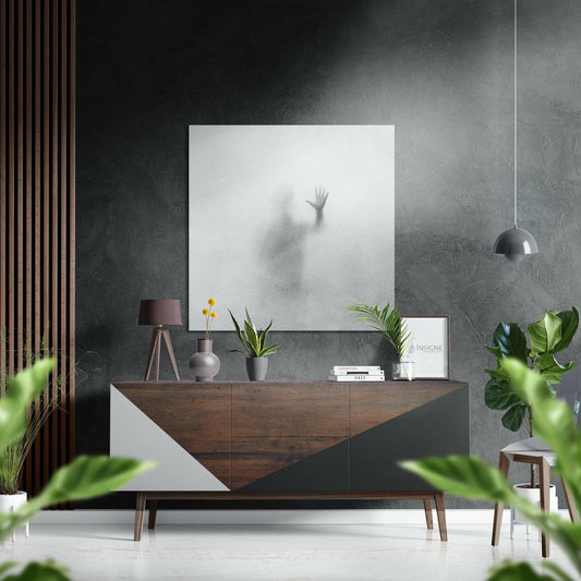 Hand behind frosted glass mist aluminum wall art