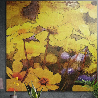 Golden yellow flowers outlined in brown ink with lilac touches, brushed aluminum wall art behind plants
