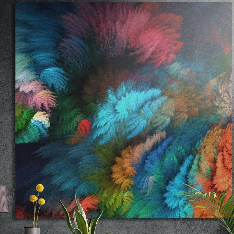 Feathery teal, coral and green abstract bursts, brushed aluminum wall art on a dark wall with plants in front
