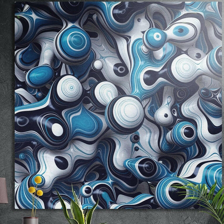 Navy, blue and white abstract swirls with eye-like circles, brushed aluminum wall art on a concrete wall behind plants