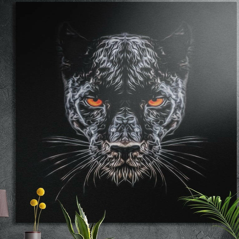 Black panther face drawn in fine white lines with glowing orange eyes on a black background, brushed aluminum wall art