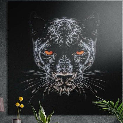 Black panther face drawn in fine white lines with glowing orange eyes on a black background, brushed aluminum wall art