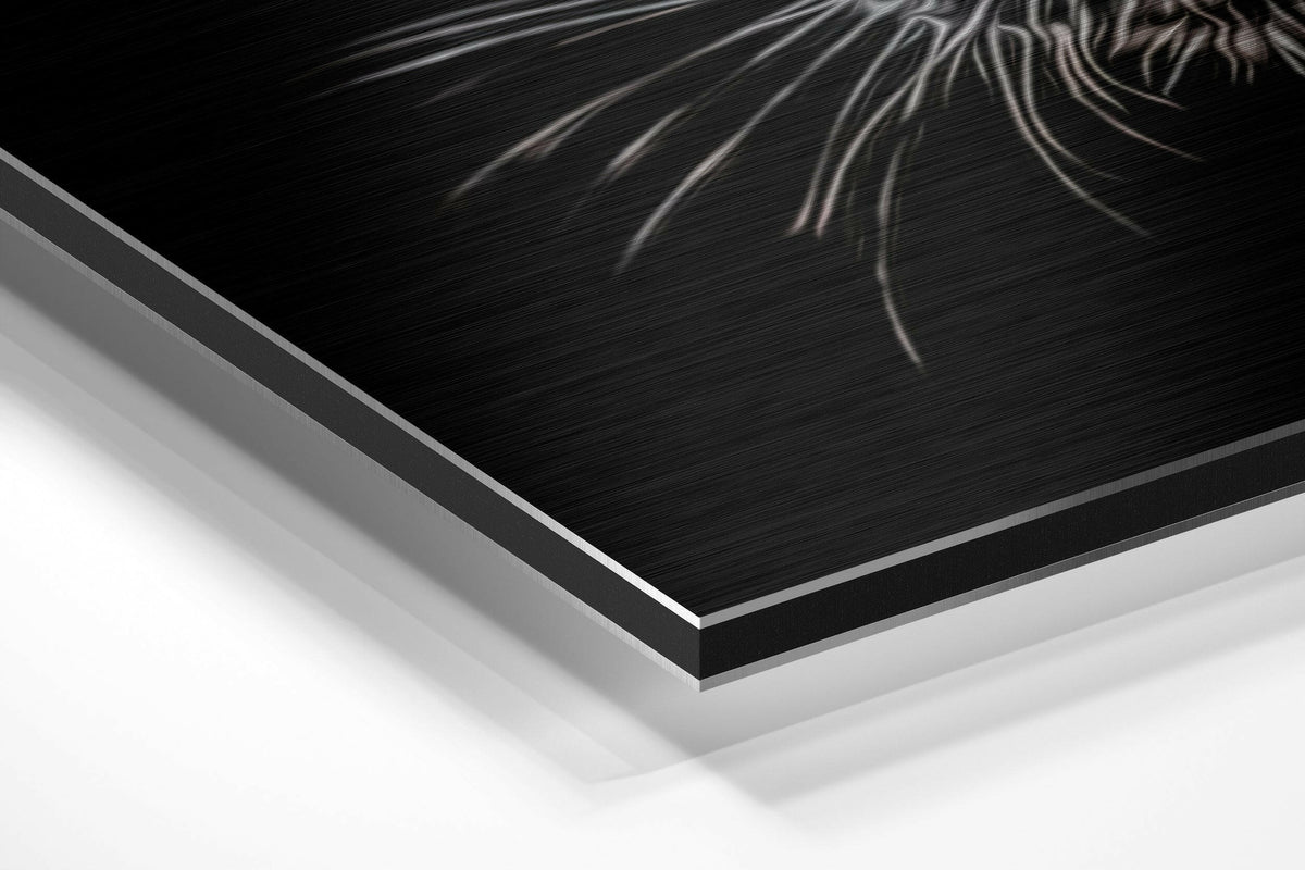 Orange eyed black panther face brushed aluminum panel corner close-up showing the brushed metal grain