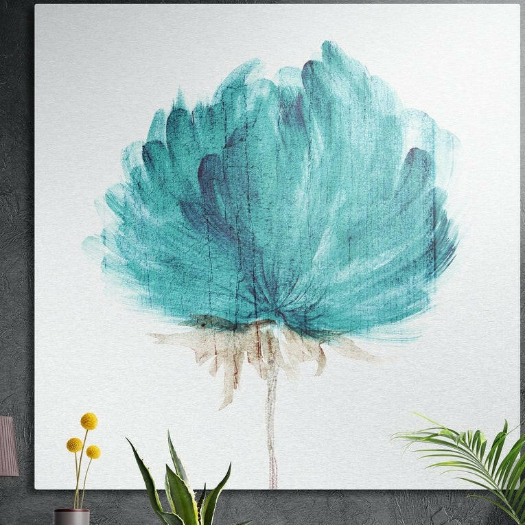 Loose teal watercolor flower on a thin stem on white, brushed aluminum wall art on a dark wall behind plants