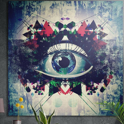 Graphic eye with a globe-like iris in red and navy triangles, brushed aluminum wall art on a dark wall behind plants
