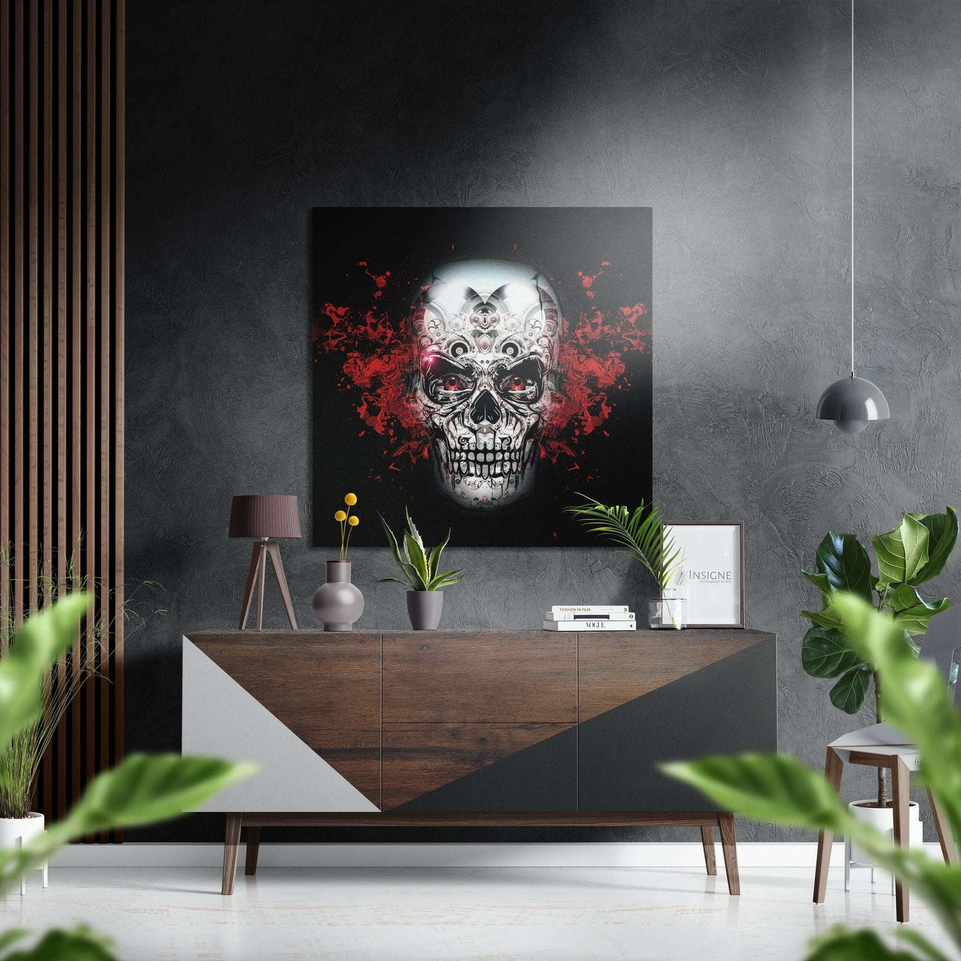 Red splatter sugar skull metal wall art