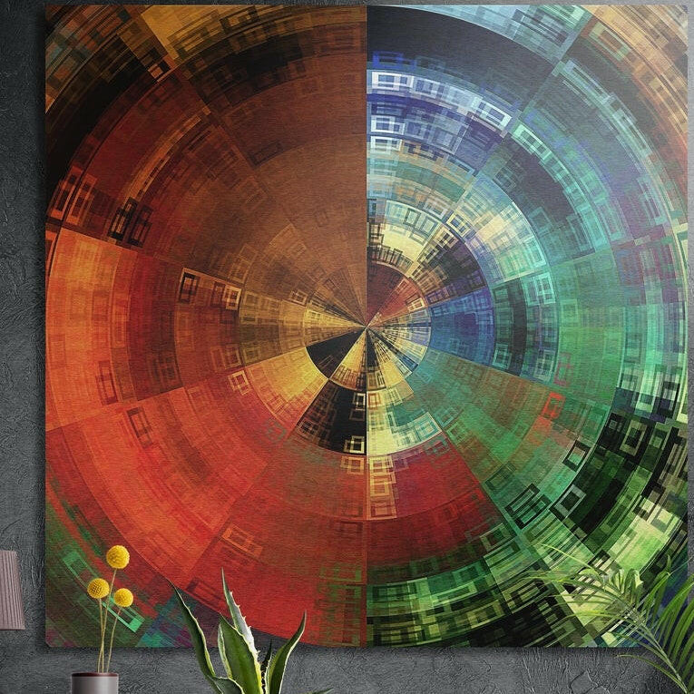 Rainbow radial abstract in red, orange, teal and green, brushed aluminum wall art on a dark wall behind plants