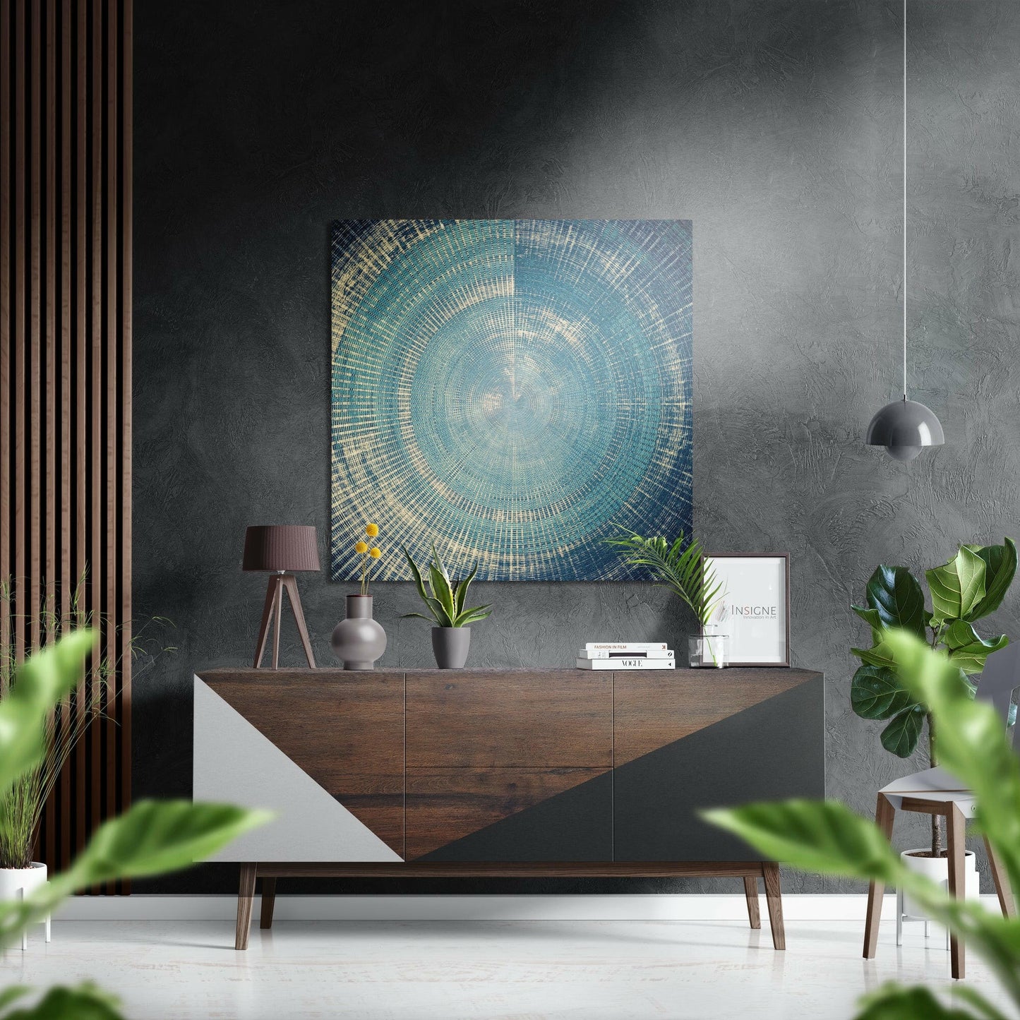 Texture metal wall art hanging in an office