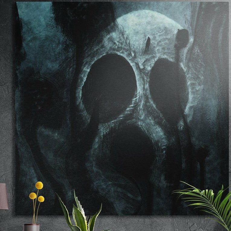Dark teal ghostly panda face with hollow eyes under a moon, brushed aluminum wall art on a dark wall behind plants