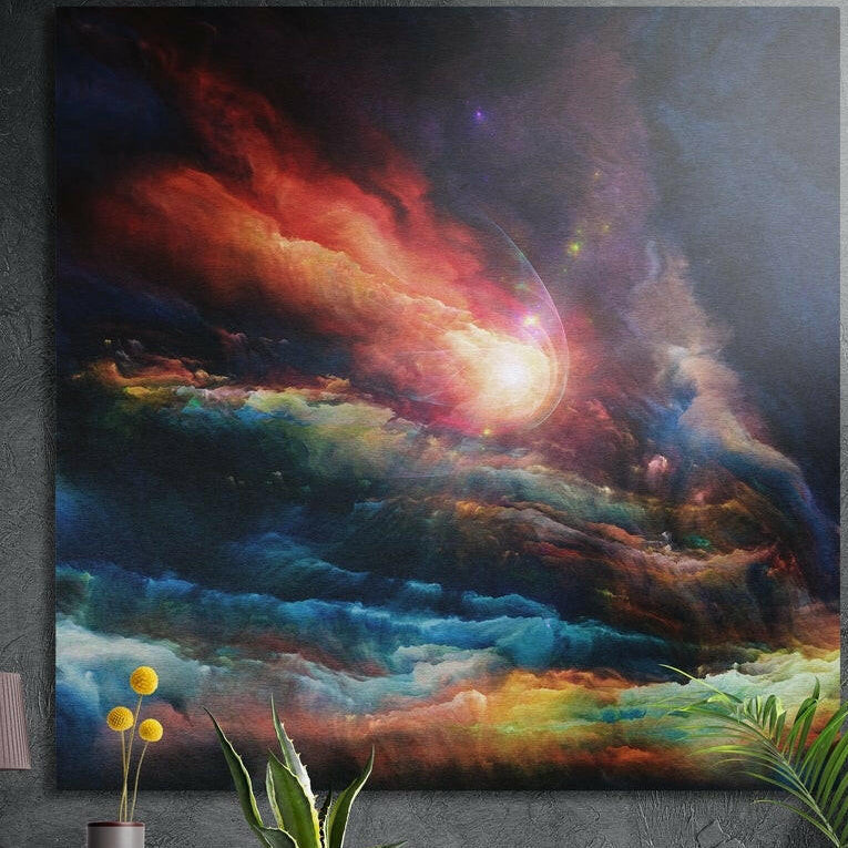 Fiery red and orange cosmic clouds around a bright star, brushed aluminum wall art on a concrete wall behind plants