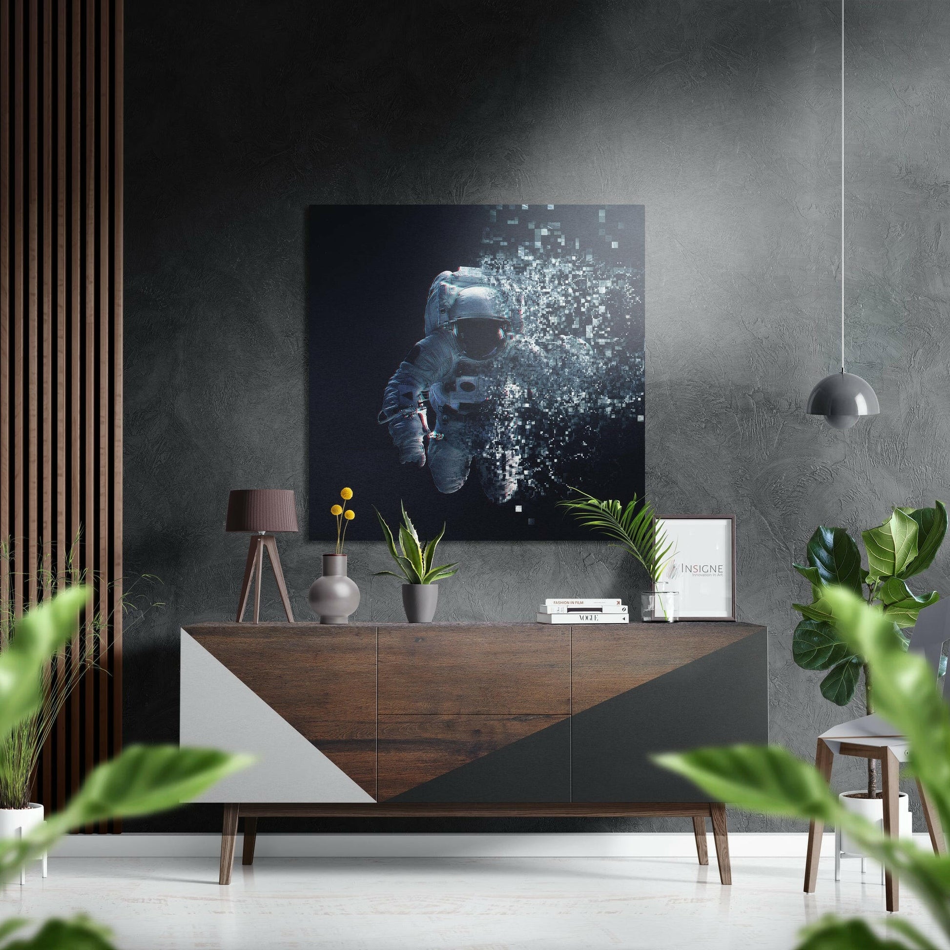 Pixel dissolving astronaut metal wall art