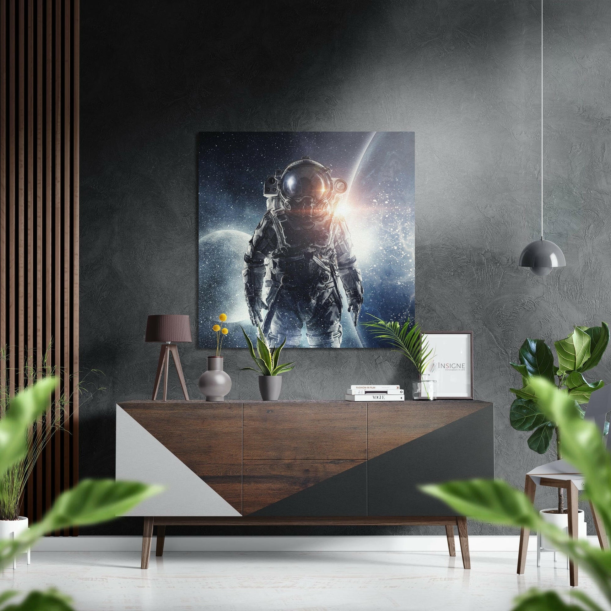 Astronaut sunburst planet metal wall art