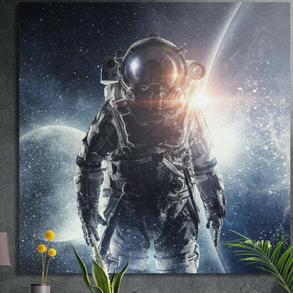 Astronaut facing forward with an orange flare in the visor, a moon and planet behind, brushed aluminum wall art above plants