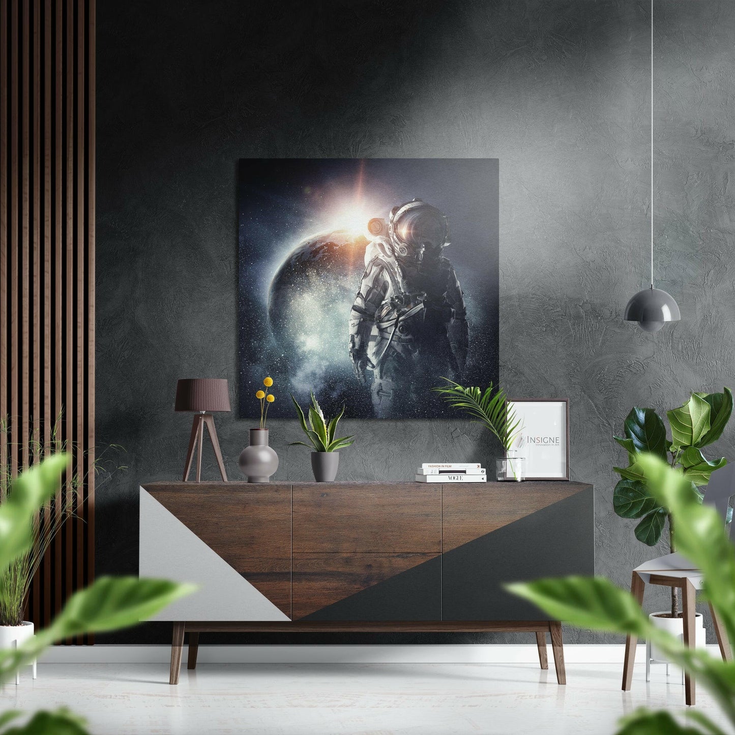 Astronaut eclipsed planet metal wall art