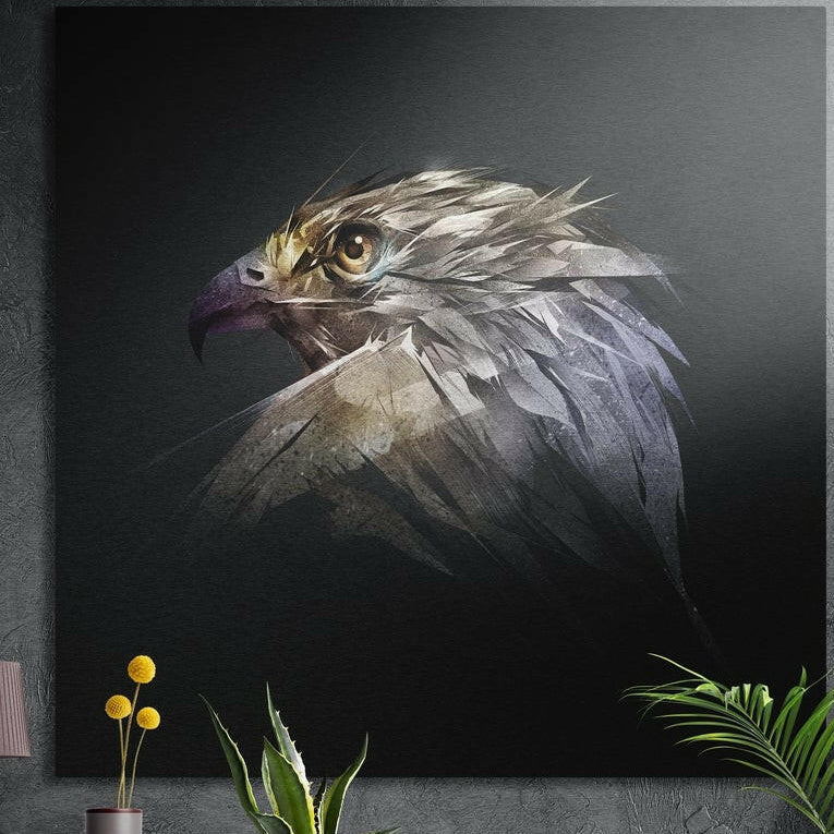 Eagle head with a hooked beak formed from sharp shard-like strokes on a dark charcoal background, brushed aluminum wall art