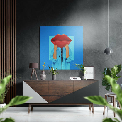Giant Red Lips Head On Blue Metal Wall Art