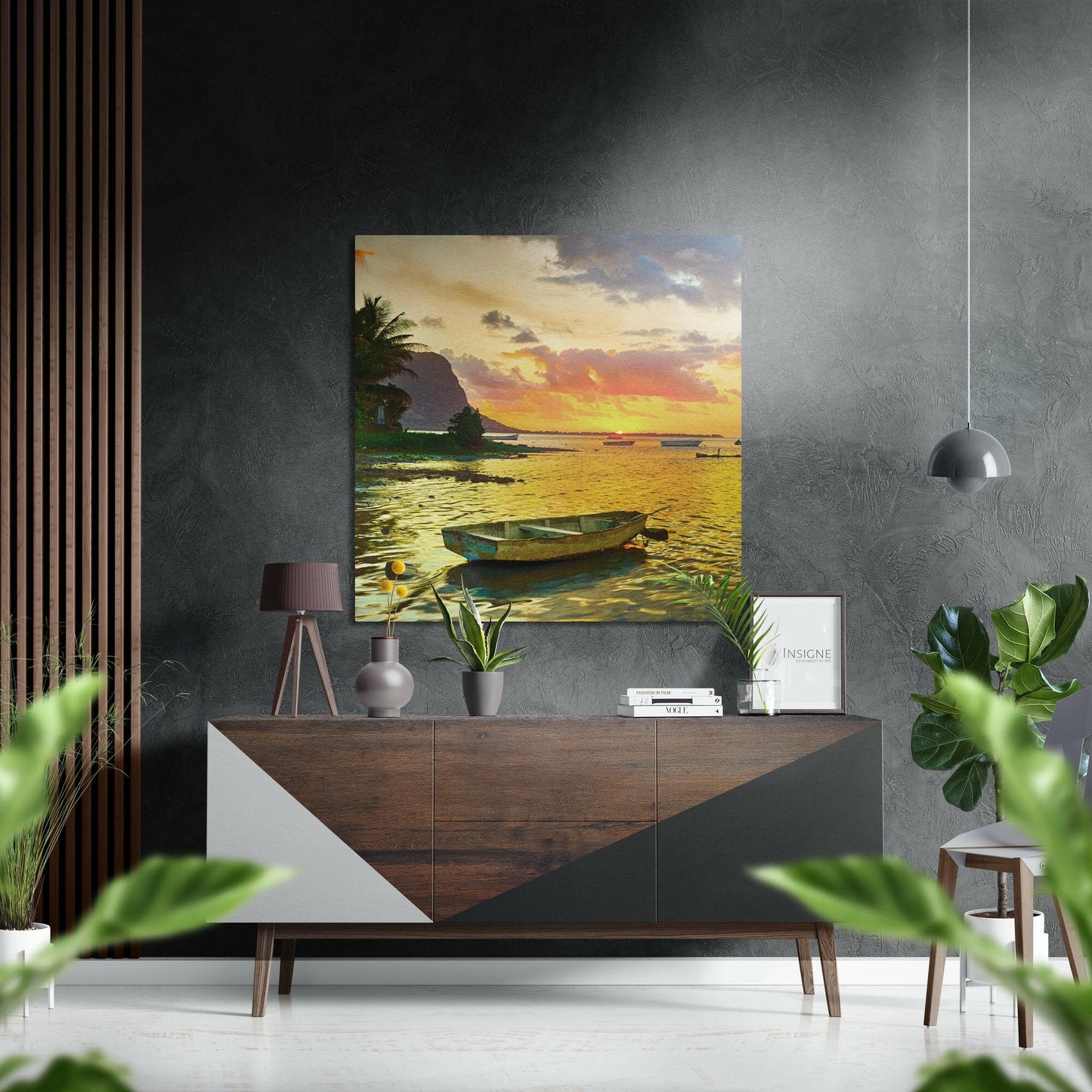 Sunset and boat metal wall art print