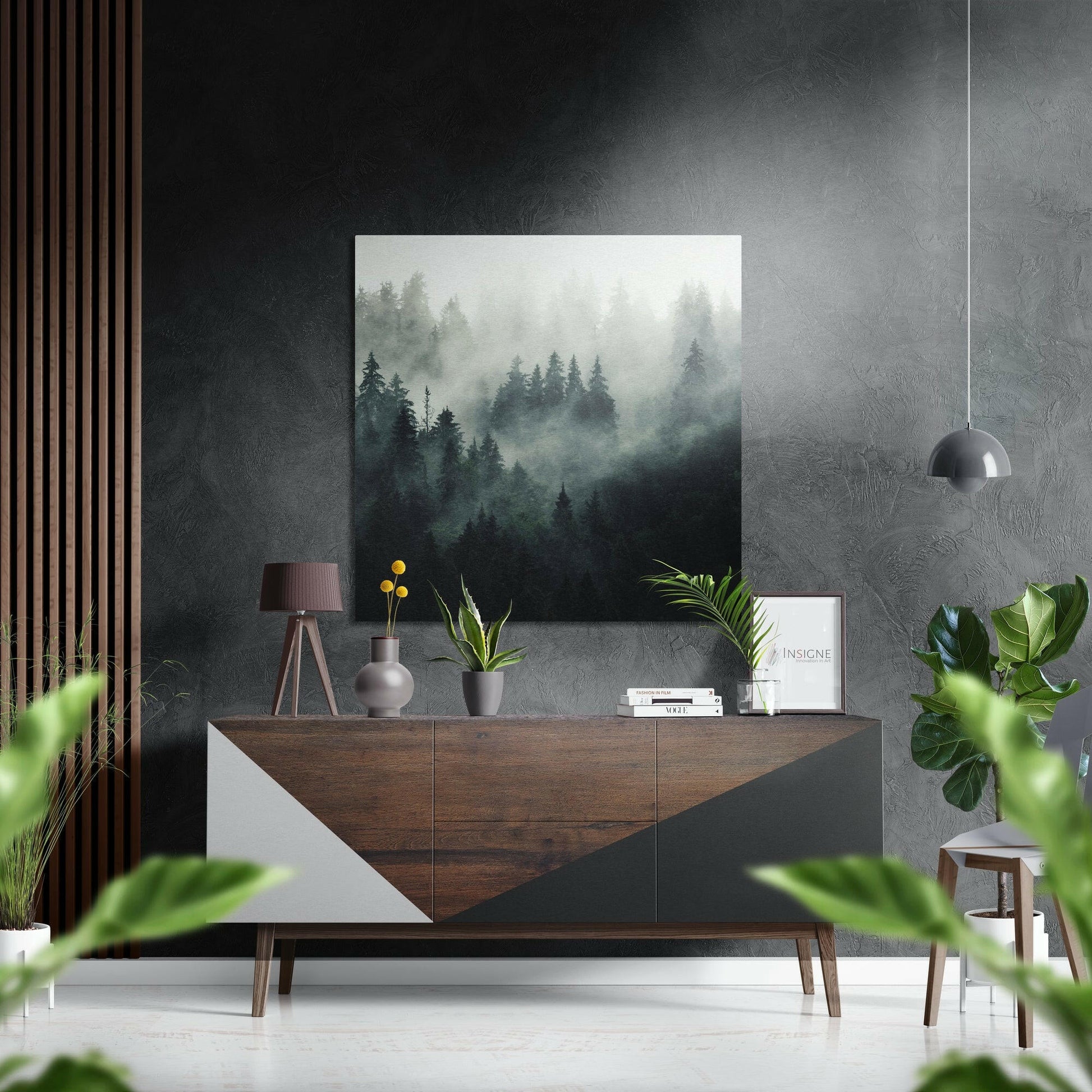 Foggy evergreen forest metal wall art