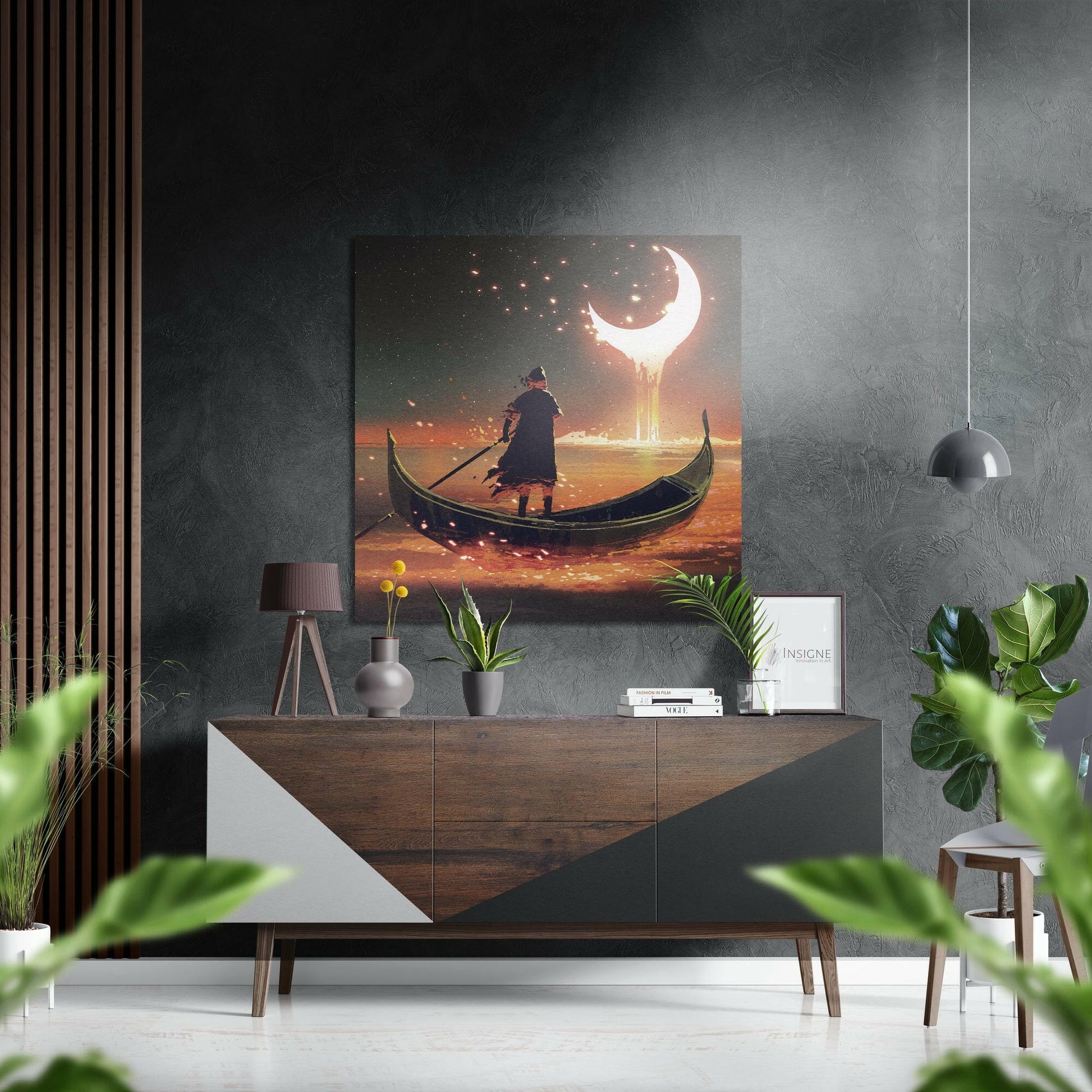 Boatman crescent moon metal wall art nighttime scene
