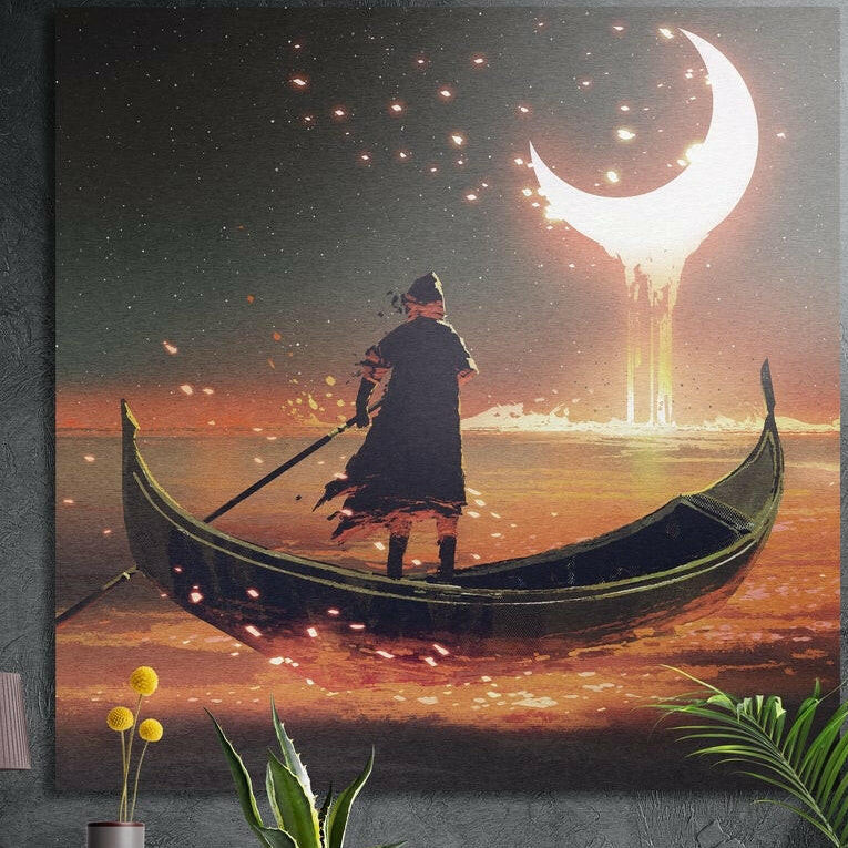 Lone boatman standing in a gondola on a glowing orange sea beneath a melting crescent moon, brushed aluminum wall art
