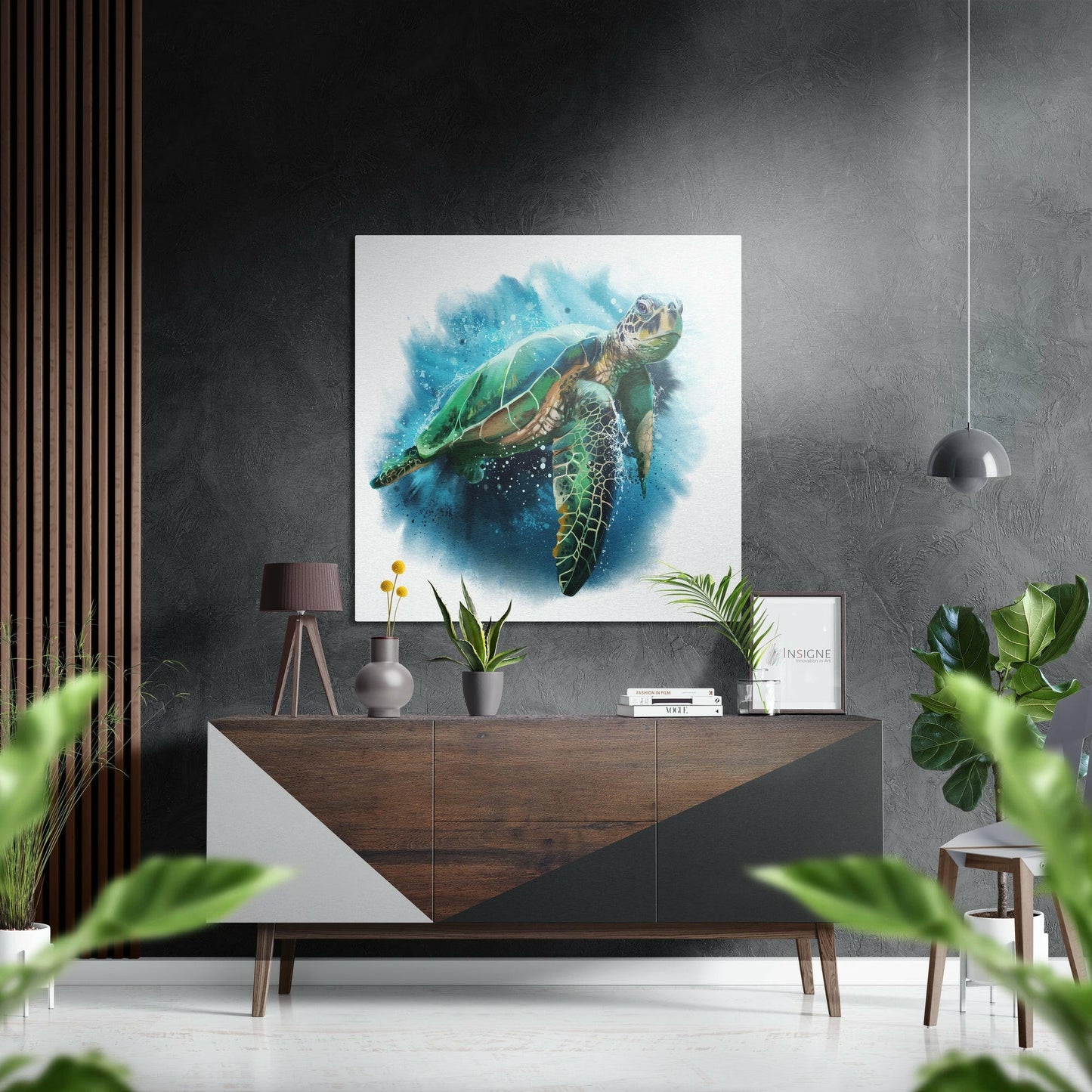 Sea turtle on brushed aluminum dibond metal print, coastal marine wall art