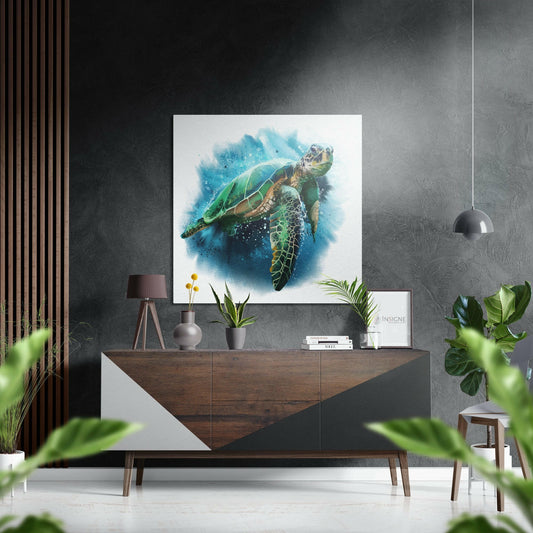 Sea turtle on brushed aluminum dibond metal print, coastal marine wall art
