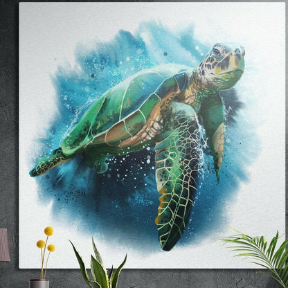 Green sea turtle in a teal watercolor splash, brushed aluminum wall art on a dark wall with plants in front