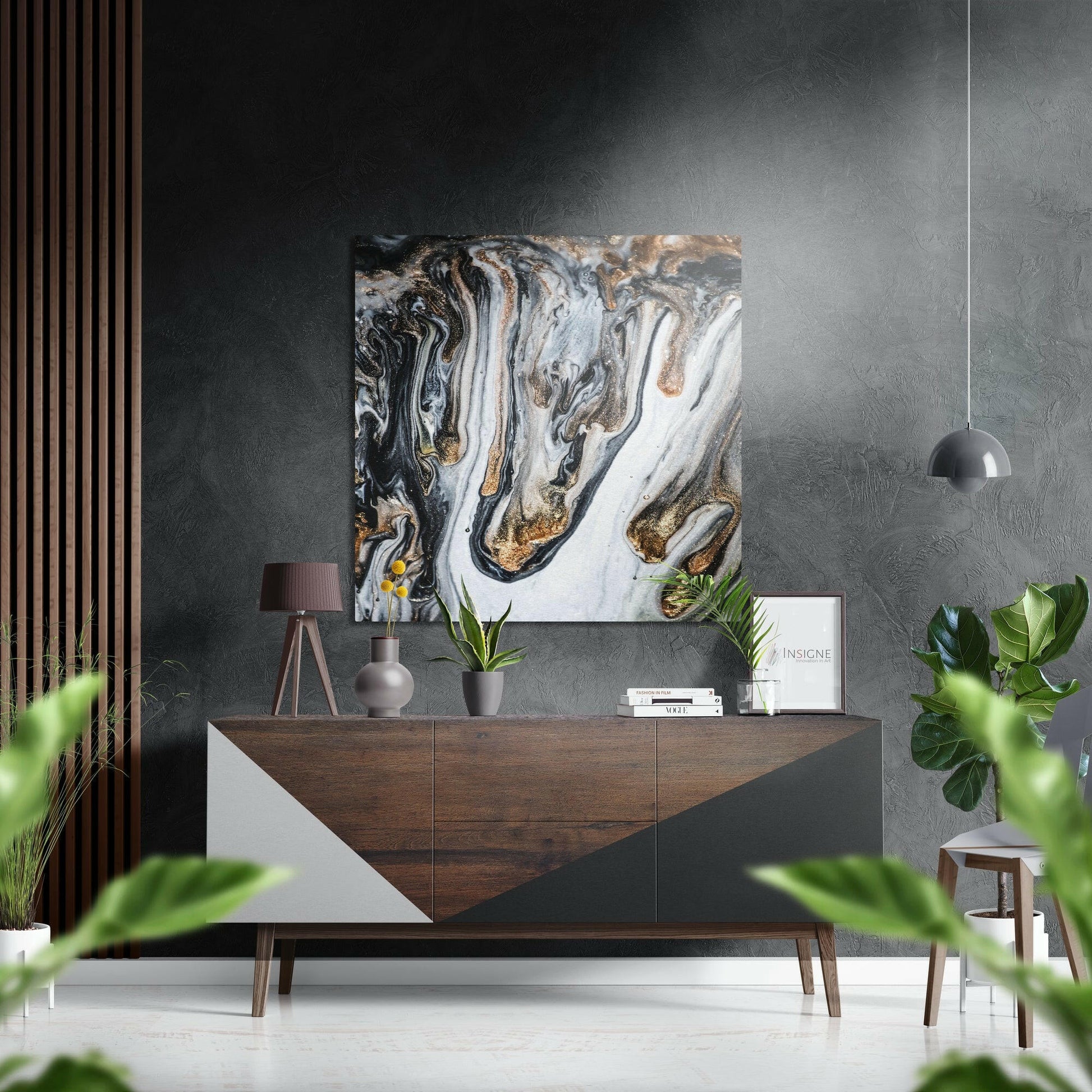 Black white gold flow abstract metal wall art
