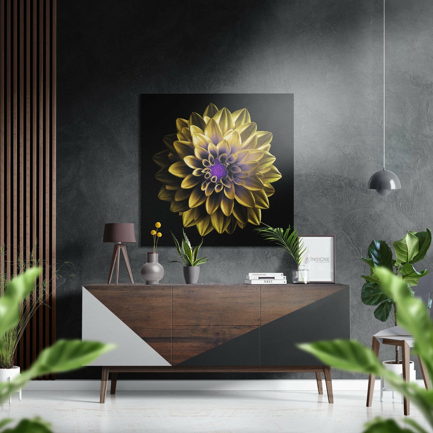 Golden Dahlia Purple Core brushed metal wall art