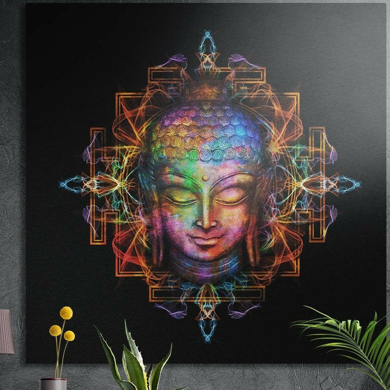 Serene Buddha head in rainbow neon colors inside an orange and blue mandala on black, brushed aluminum wall art