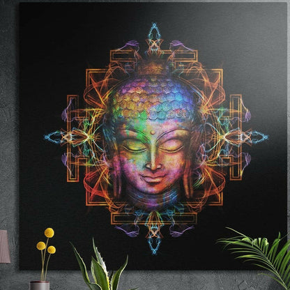 Serene Buddha head in rainbow neon colors inside an orange and blue mandala on black, brushed aluminum wall art