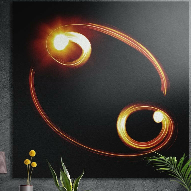 Orange and gold light-trail spirals forming the Cancer glyph on black, brushed aluminum wall art behind plants