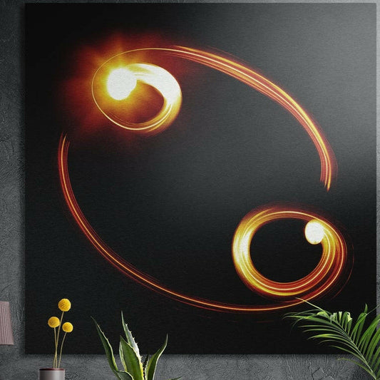 Orange and gold light-trail spirals forming the Cancer glyph on black, brushed aluminum wall art behind plants