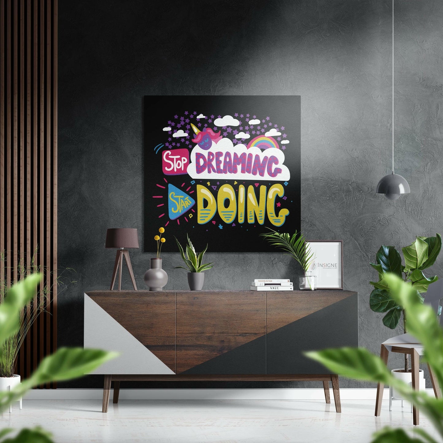 Pink unicorn stop dreaming start doing metal wall art