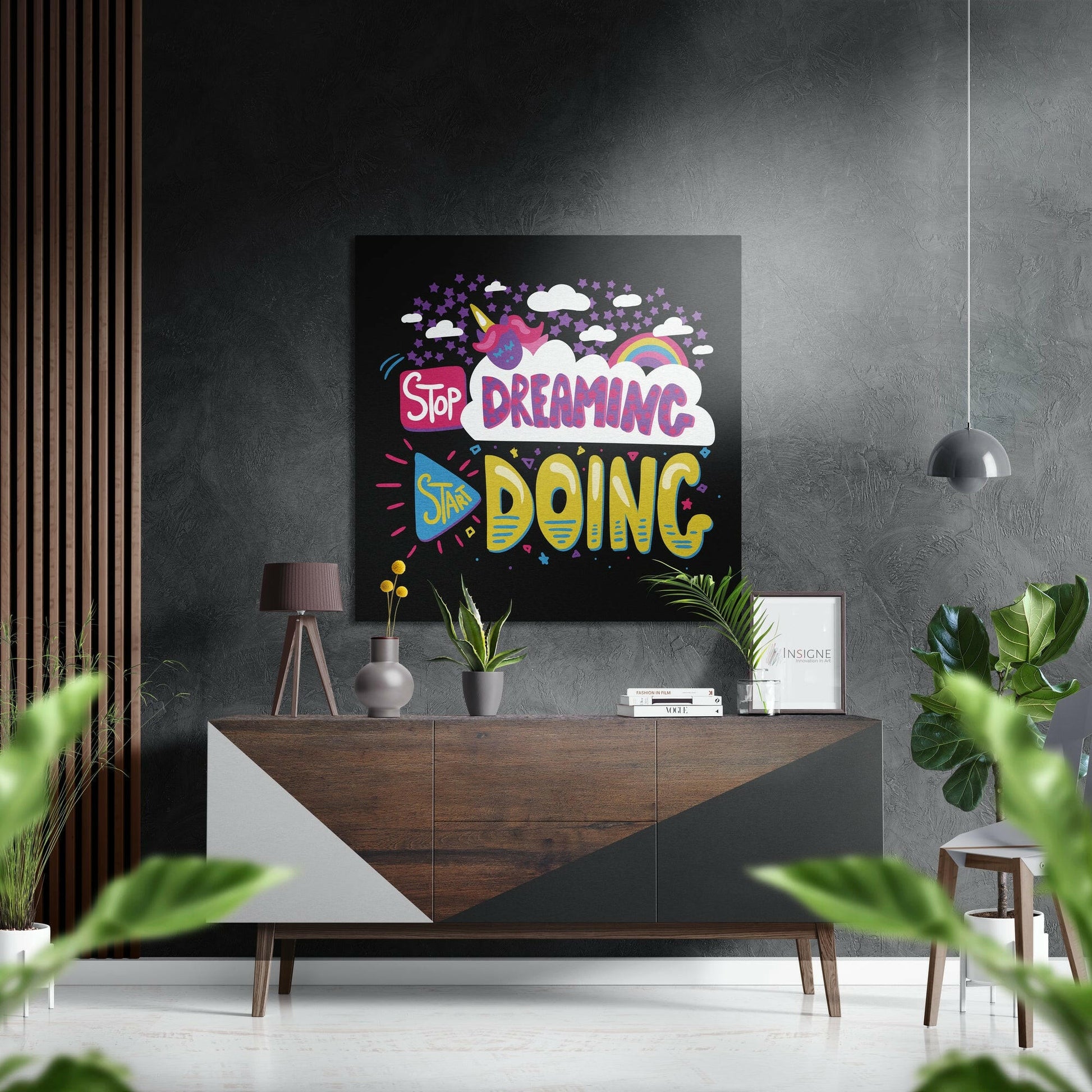 Pink unicorn stop dreaming start doing metal wall art