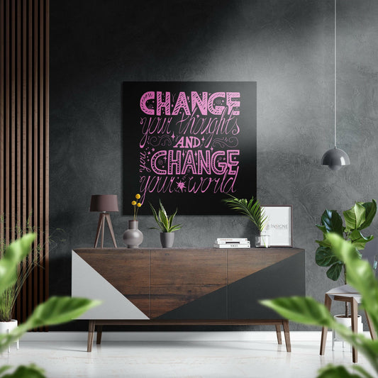 Change Your Thoughts brushed aluminum metal wall art in a modern living room