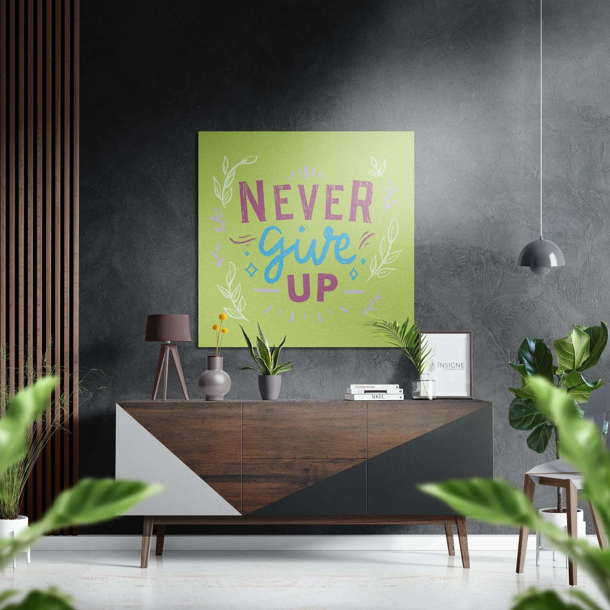 Never give up leafy green metal wall art