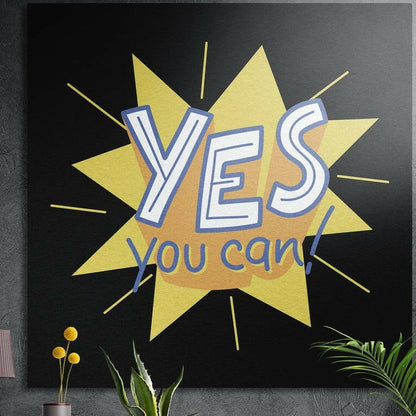 Yes you can lettering on a yellow and orange star burst, brushed aluminum wall art on a dark wall behind plants