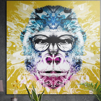 Mirrored pop art gorilla face in black glasses with blue, white and pink fur on yellow swirls, brushed aluminum wall art