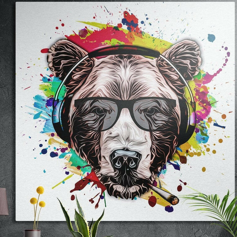 Pop art dog in sunglasses and headphones with paint splashes, brushed aluminum wall art on a concrete wall behind plants