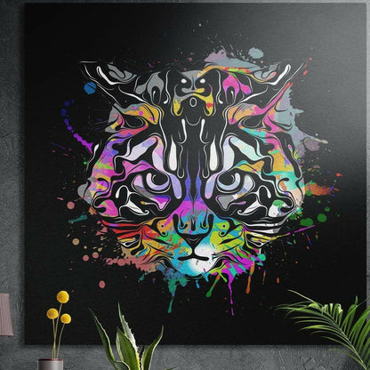 Colorful paint splash cat face on black, brushed aluminum wall art on a concrete wall behind plants