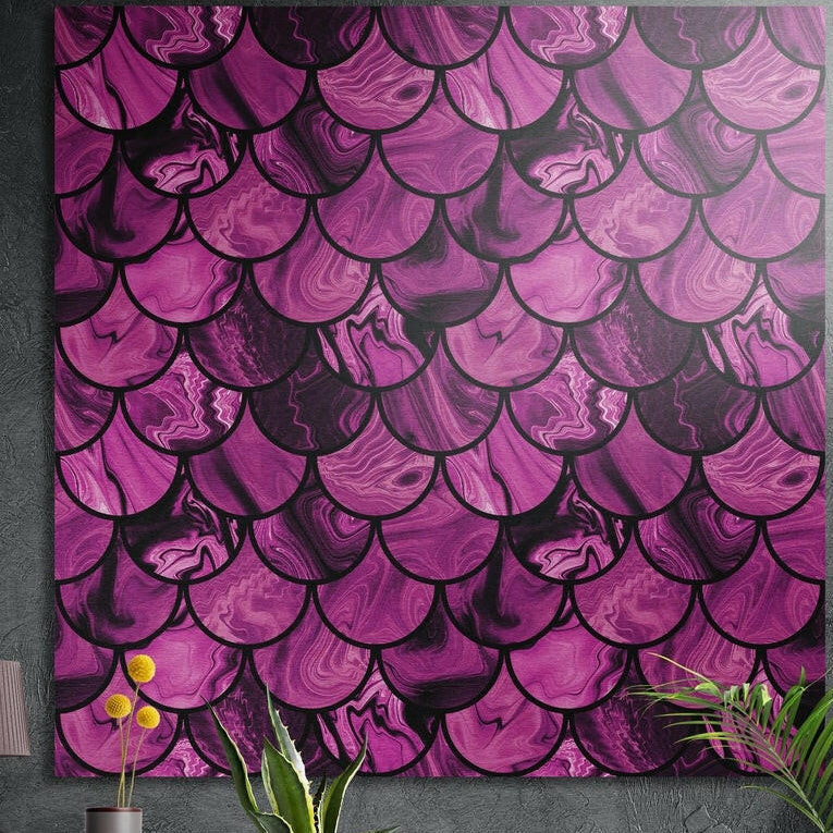 Overlapping magenta and pink marbled scales outlined in black, a mermaid scale pattern, brushed aluminum wall art