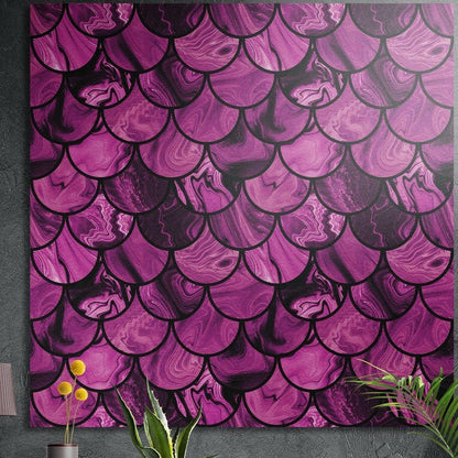 Overlapping magenta and pink marbled scales outlined in black, a mermaid scale pattern, brushed aluminum wall art