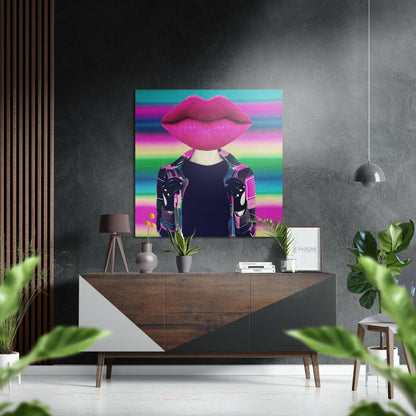 Pink Lips rainbow stripes metal wall art
