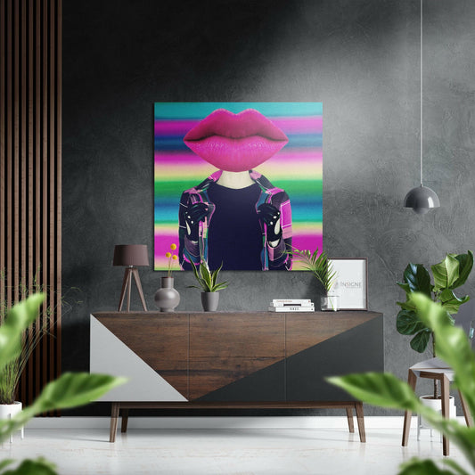 Pink Lips rainbow stripes metal wall art