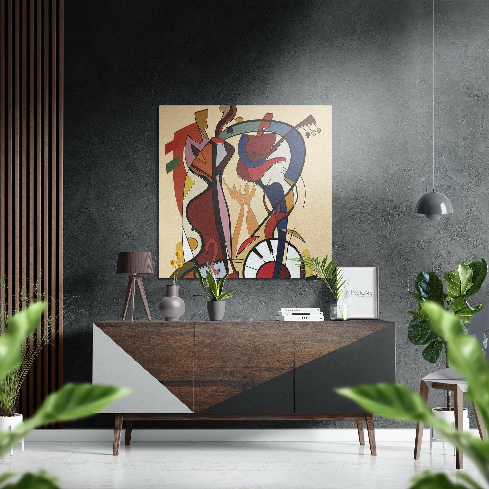 Beige cubist musician metal wall art