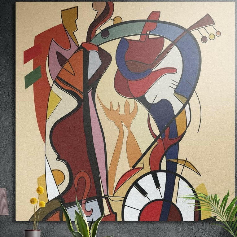 Beige cubist musicians abstract with guitar shapes and piano keys brushed aluminum wall art above yellow flowers and plants