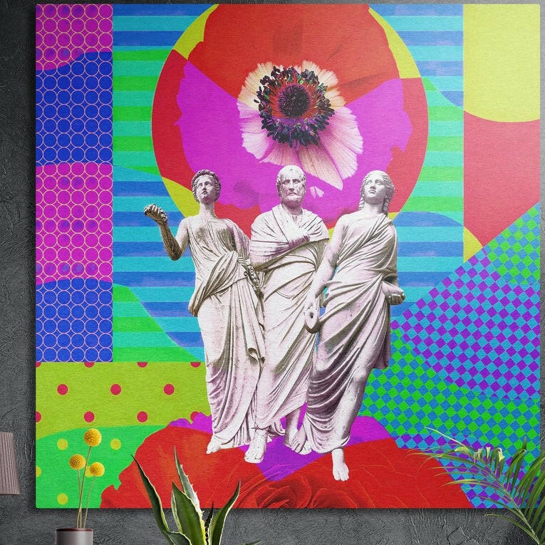 Three classical statues on pop color collage brushed aluminum wall art on a gray wall above yellow flowers and plants