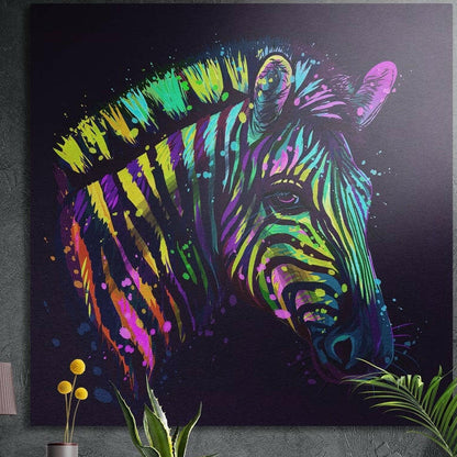 Neon splash zebra head on purple, square brushed aluminum wall art on a gray wall behind plant leaves
